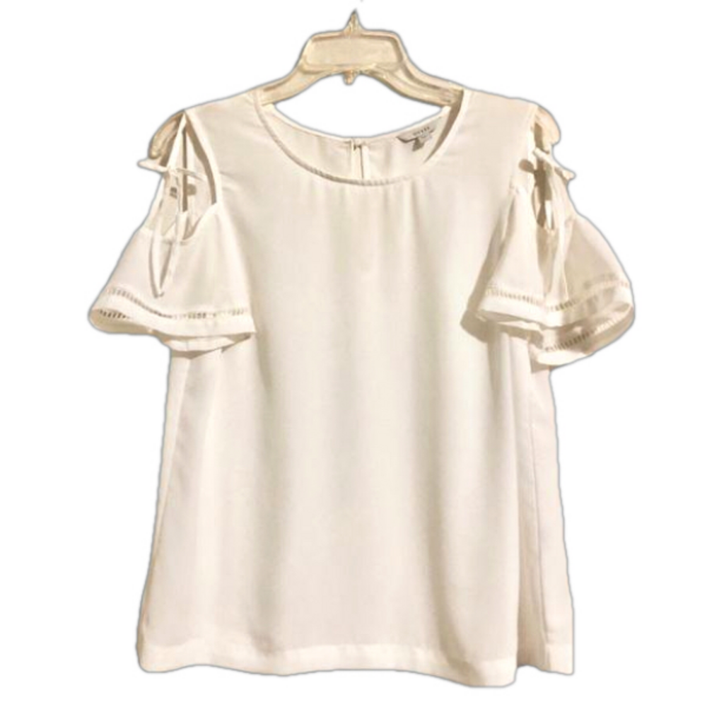 Guess Cold Shoulder Short Sleeve Sheer Romantic Blouse Top Eyelet Trim Ties Sz S
